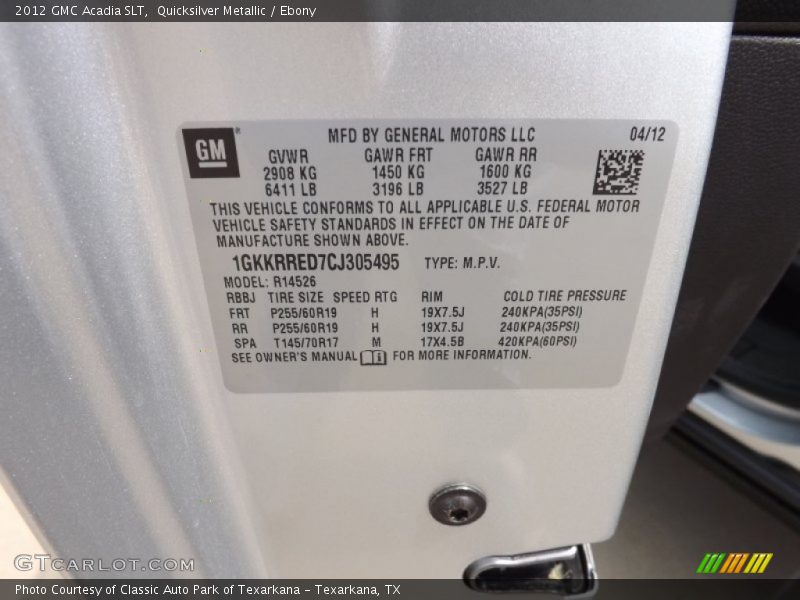 Quicksilver Metallic / Ebony 2012 GMC Acadia SLT