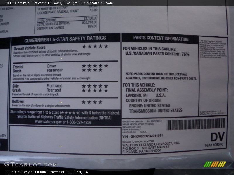 Twilight Blue Metallic / Ebony 2012 Chevrolet Traverse LT AWD