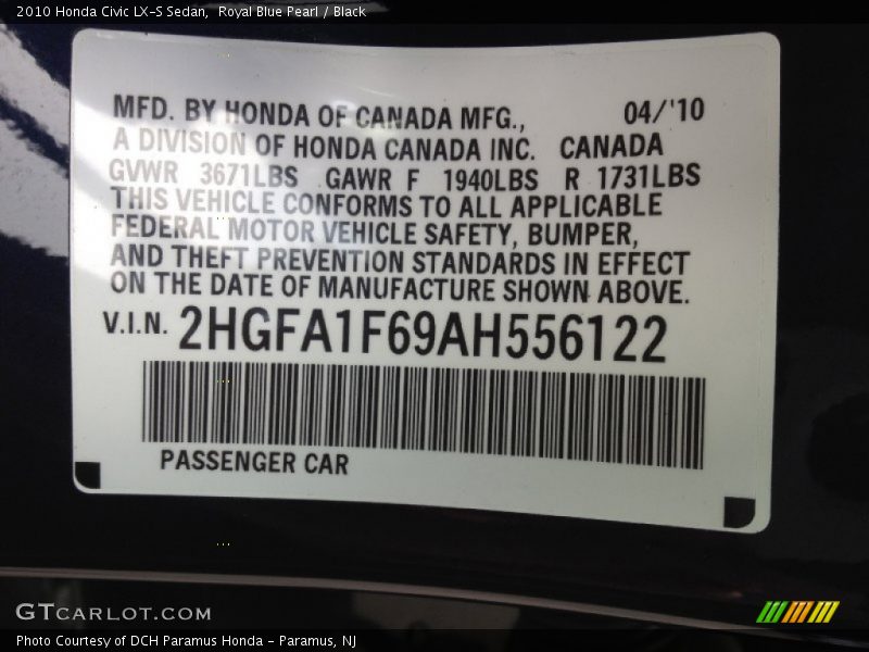 Royal Blue Pearl / Black 2010 Honda Civic LX-S Sedan
