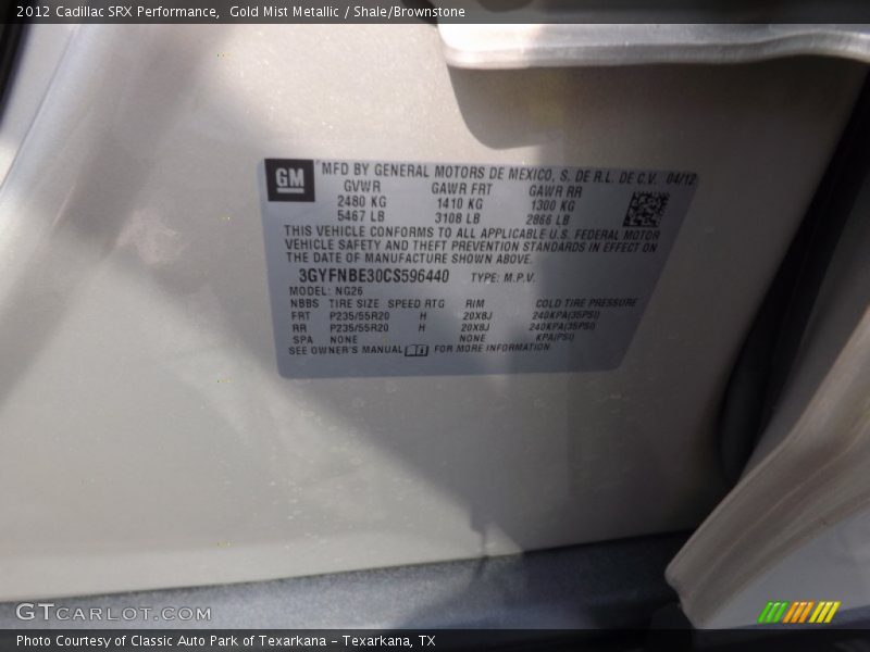 Gold Mist Metallic / Shale/Brownstone 2012 Cadillac SRX Performance