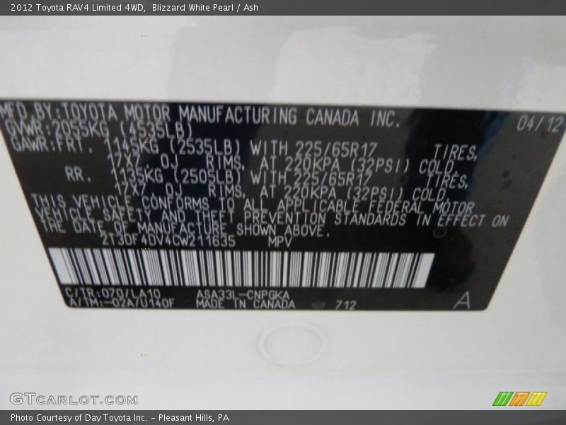 Blizzard White Pearl / Ash 2012 Toyota RAV4 Limited 4WD