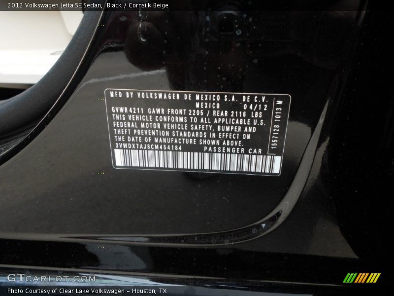 Black / Cornsilk Beige 2012 Volkswagen Jetta SE Sedan