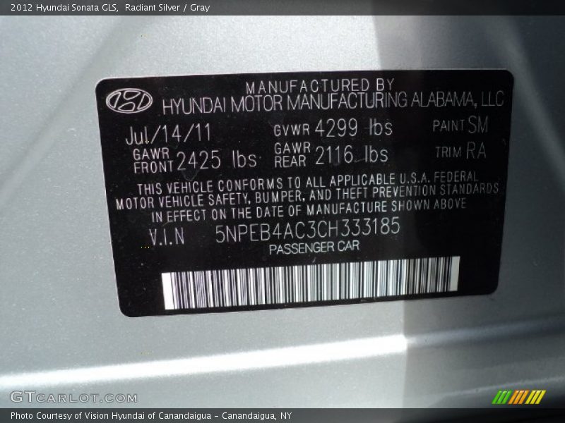Radiant Silver / Gray 2012 Hyundai Sonata GLS
