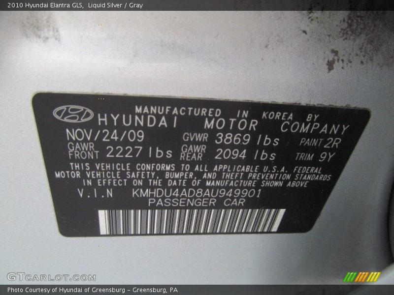 Liquid Silver / Gray 2010 Hyundai Elantra GLS