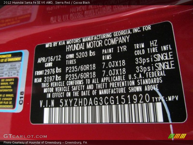 Sierra Red / Cocoa Black 2012 Hyundai Santa Fe SE V6 AWD