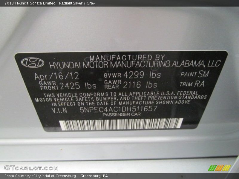 Radiant Silver / Gray 2013 Hyundai Sonata Limited