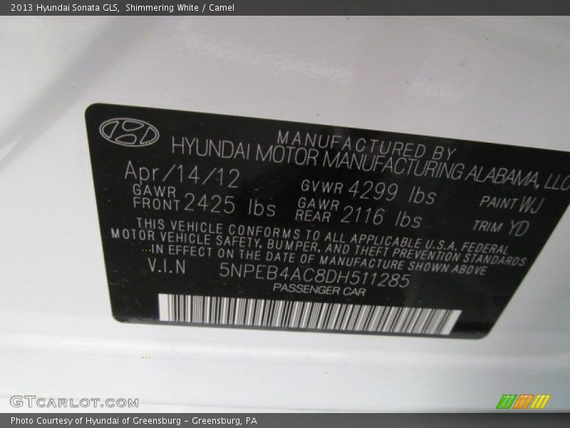 Shimmering White / Camel 2013 Hyundai Sonata GLS