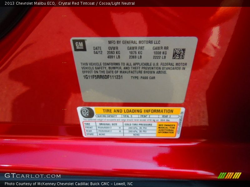 Info Tag of 2013 Malibu ECO