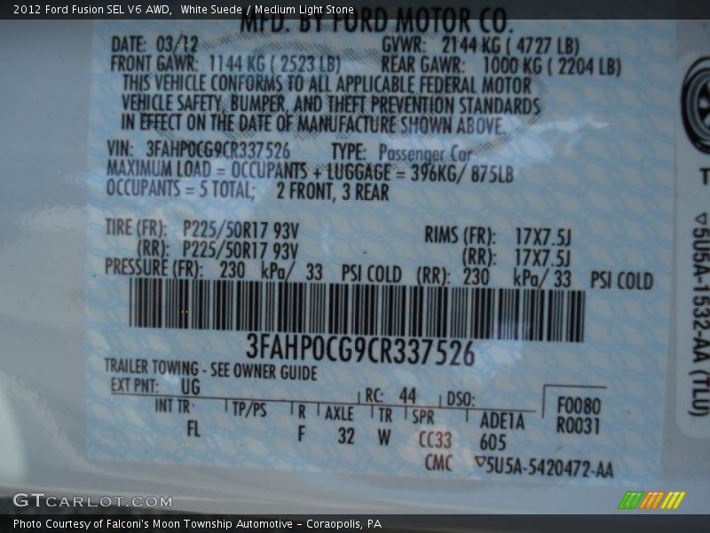 White Suede / Medium Light Stone 2012 Ford Fusion SEL V6 AWD