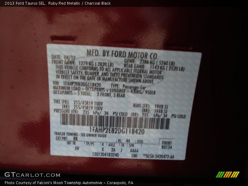 2013 Taurus SEL Ruby Red Metallic Color Code RR