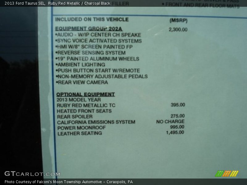  2013 Taurus SEL Window Sticker