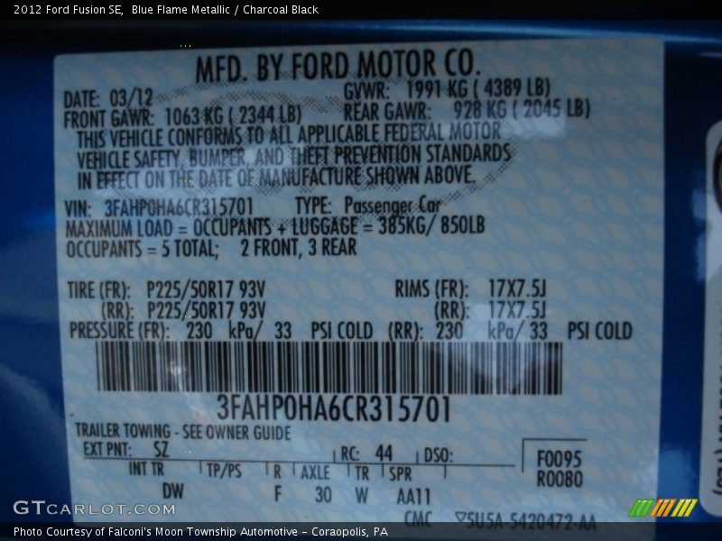 Blue Flame Metallic / Charcoal Black 2012 Ford Fusion SE