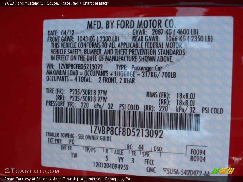 2013 Mustang GT Coupe Race Red Color Code PQ