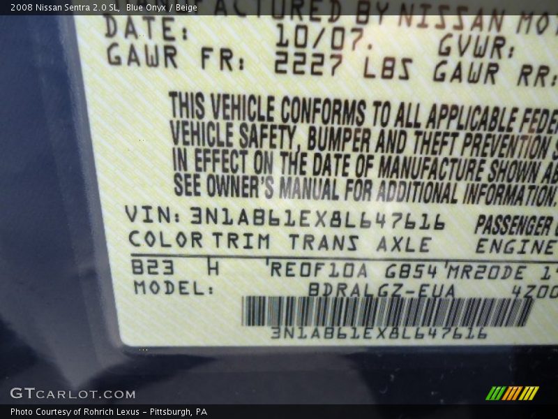 Blue Onyx / Beige 2008 Nissan Sentra 2.0 SL
