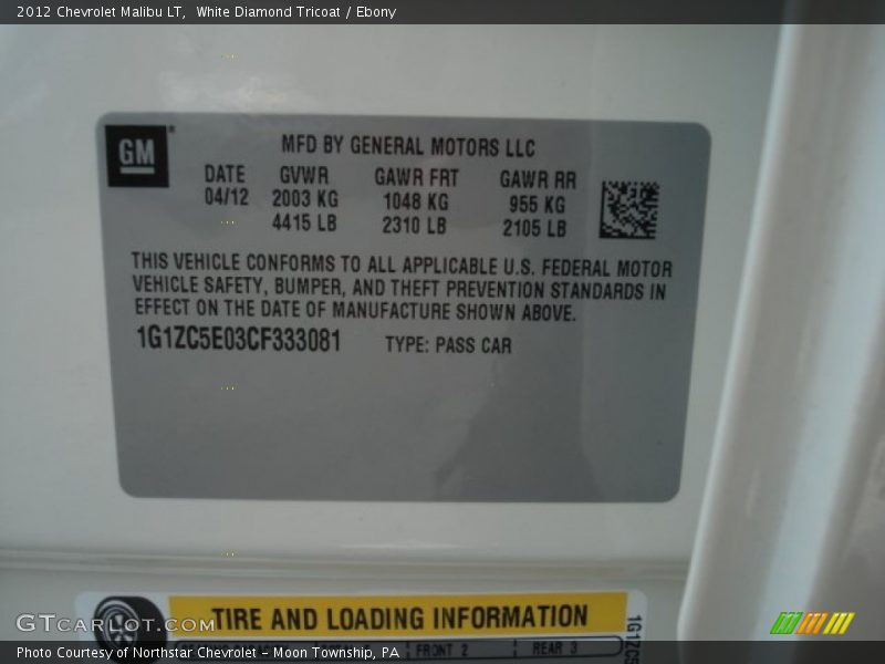 White Diamond Tricoat / Ebony 2012 Chevrolet Malibu LT