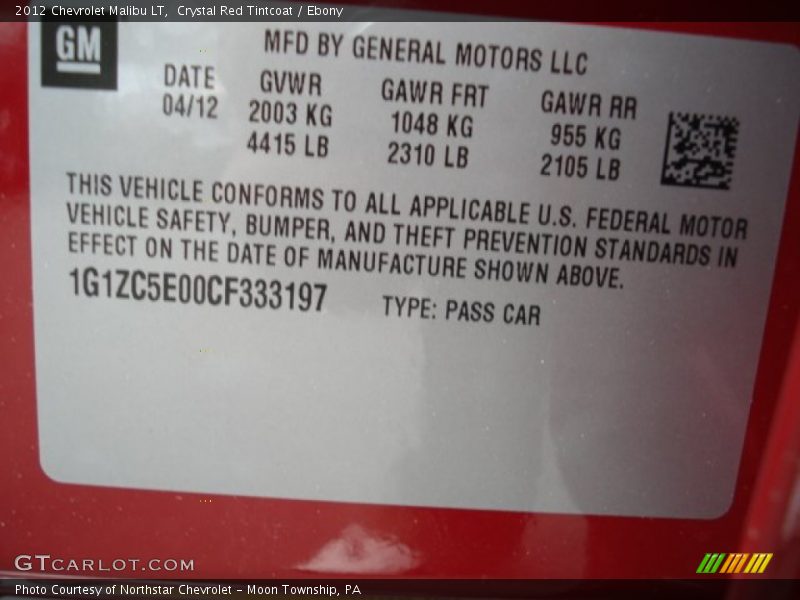 Crystal Red Tintcoat / Ebony 2012 Chevrolet Malibu LT