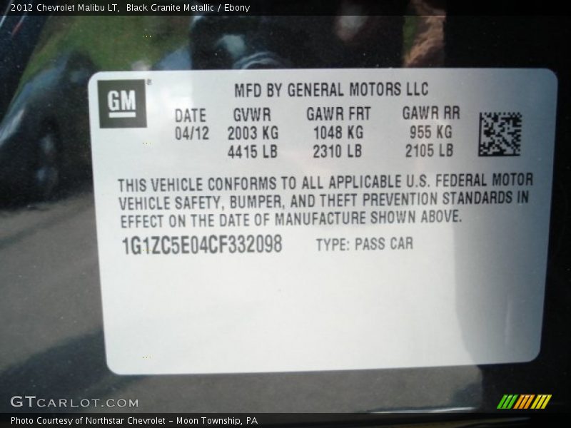 Black Granite Metallic / Ebony 2012 Chevrolet Malibu LT