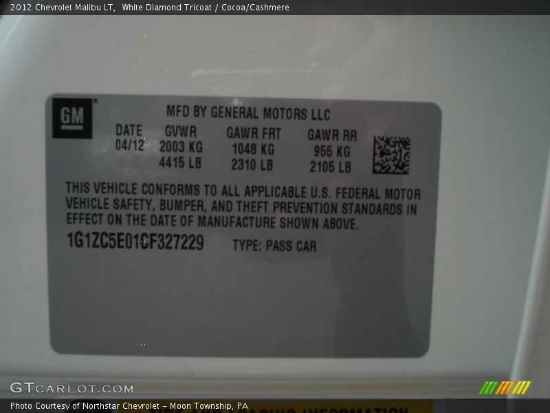 White Diamond Tricoat / Cocoa/Cashmere 2012 Chevrolet Malibu LT