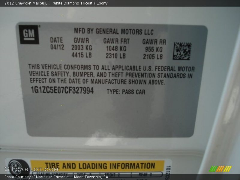 White Diamond Tricoat / Ebony 2012 Chevrolet Malibu LT