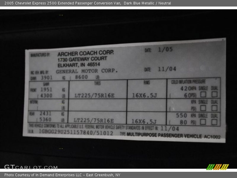 Info Tag of 2005 Express 2500 Extended Passenger Conversion Van