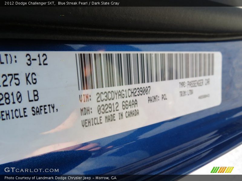 Blue Streak Pearl / Dark Slate Gray 2012 Dodge Challenger SXT