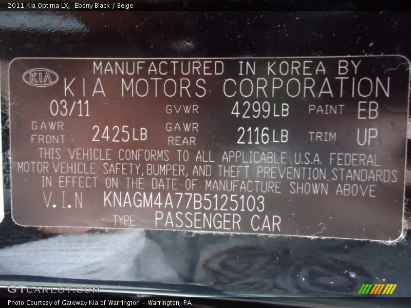 Ebony Black / Beige 2011 Kia Optima LX