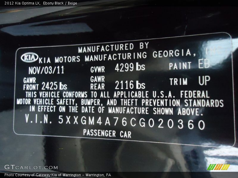 Ebony Black / Beige 2012 Kia Optima LX