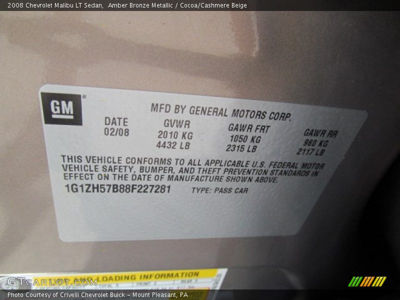 Amber Bronze Metallic / Cocoa/Cashmere Beige 2008 Chevrolet Malibu LT Sedan