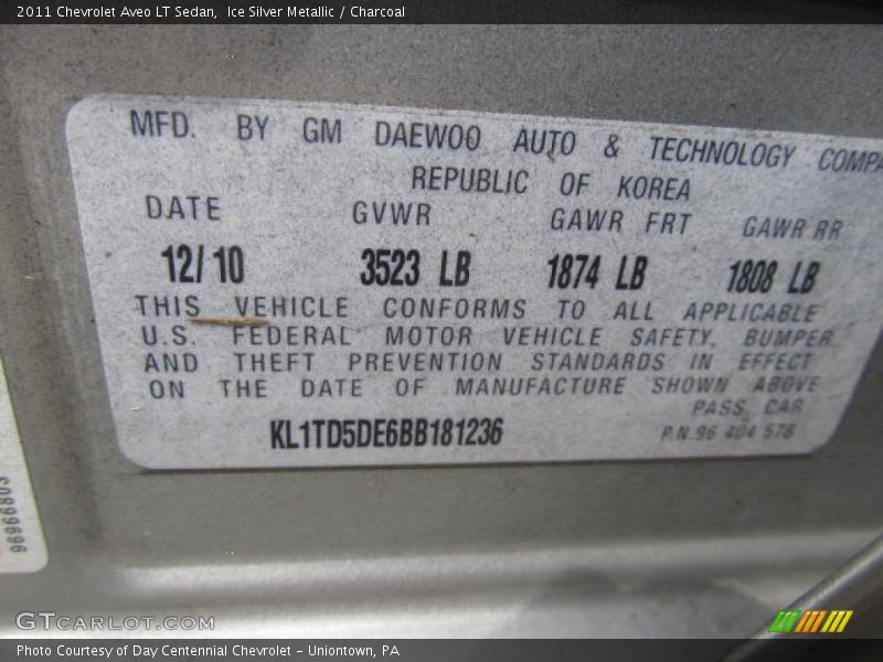 Ice Silver Metallic / Charcoal 2011 Chevrolet Aveo LT Sedan
