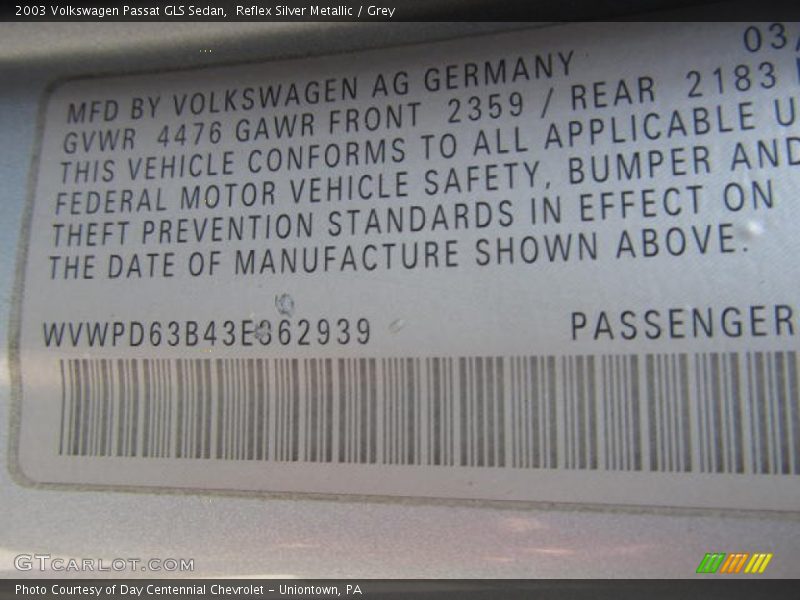 Reflex Silver Metallic / Grey 2003 Volkswagen Passat GLS Sedan