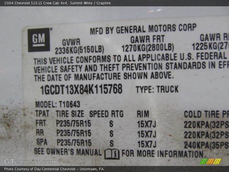 Summit White / Graphite 2004 Chevrolet S10 LS Crew Cab 4x4