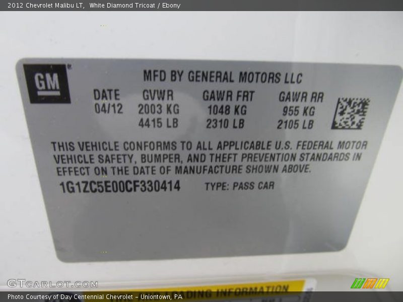 White Diamond Tricoat / Ebony 2012 Chevrolet Malibu LT
