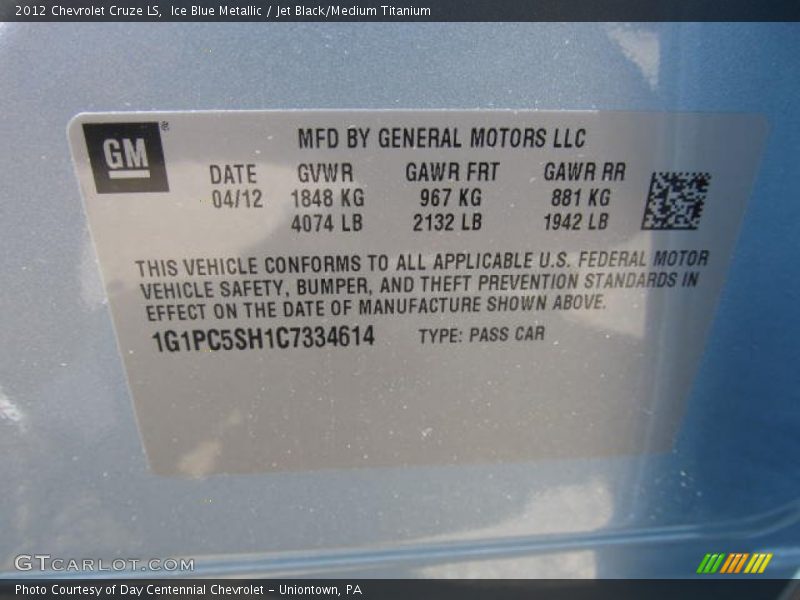 Ice Blue Metallic / Jet Black/Medium Titanium 2012 Chevrolet Cruze LS