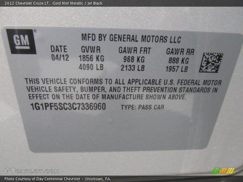 Gold Mist Metallic / Jet Black 2012 Chevrolet Cruze LT