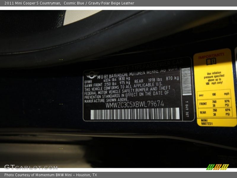 Cosmic Blue / Gravity Polar Beige Leather 2011 Mini Cooper S Countryman