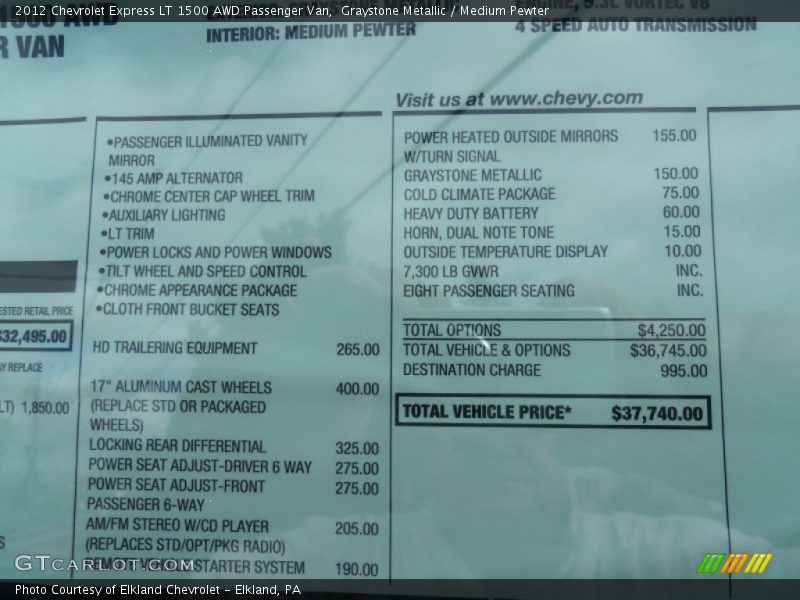  2012 Express LT 1500 AWD Passenger Van Window Sticker