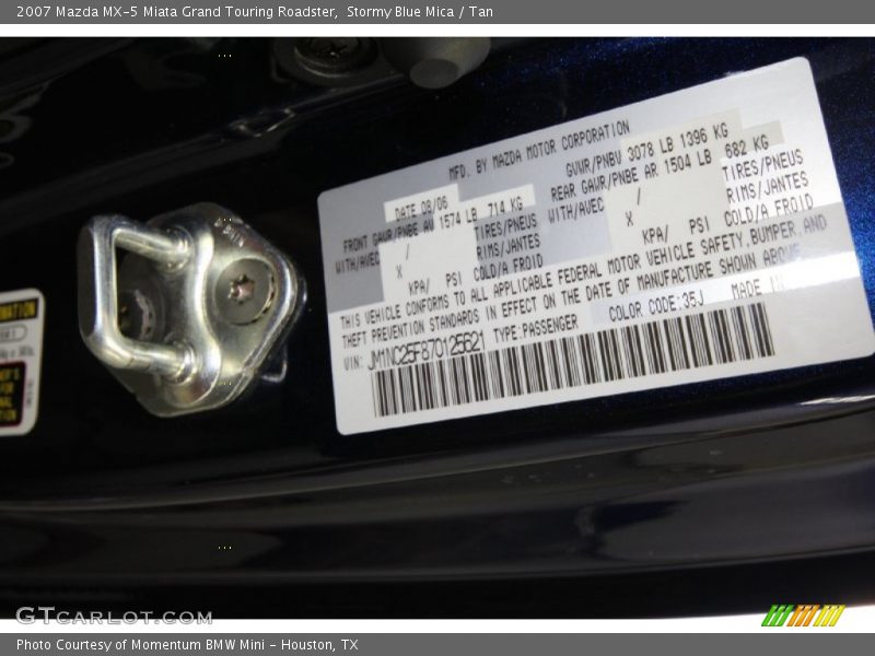 2007 MX-5 Miata Grand Touring Roadster Stormy Blue Mica Color Code 35J