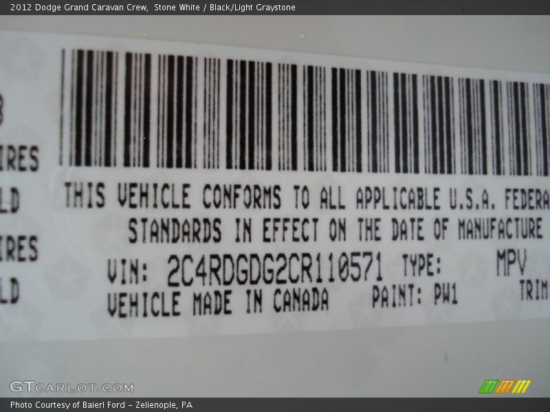 Stone White / Black/Light Graystone 2012 Dodge Grand Caravan Crew