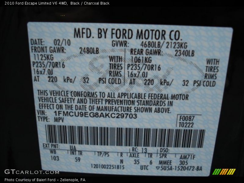 Black / Charcoal Black 2010 Ford Escape Limited V6 4WD