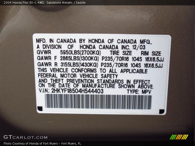 Sandstone Metallic / Saddle 2004 Honda Pilot EX-L 4WD