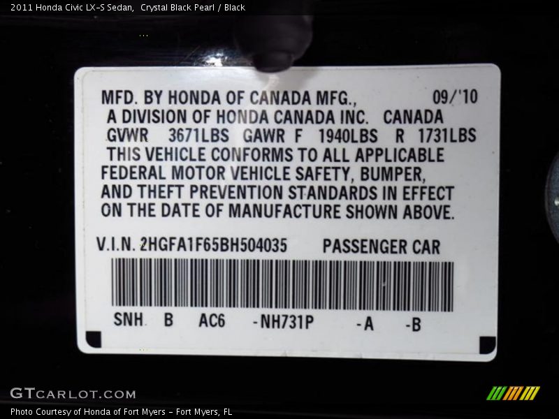 Crystal Black Pearl / Black 2011 Honda Civic LX-S Sedan