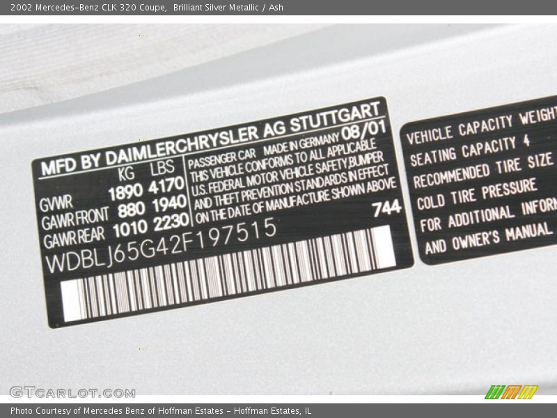 2002 CLK 320 Coupe Brilliant Silver Metallic Color Code 744