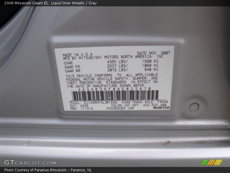 2008 Galant ES Liquid Silver Metallic Color Code A33