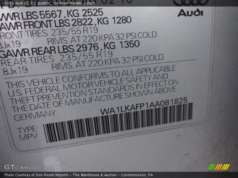 Ice Silver Metallic / Black 2010 Audi Q5 3.2 quattro