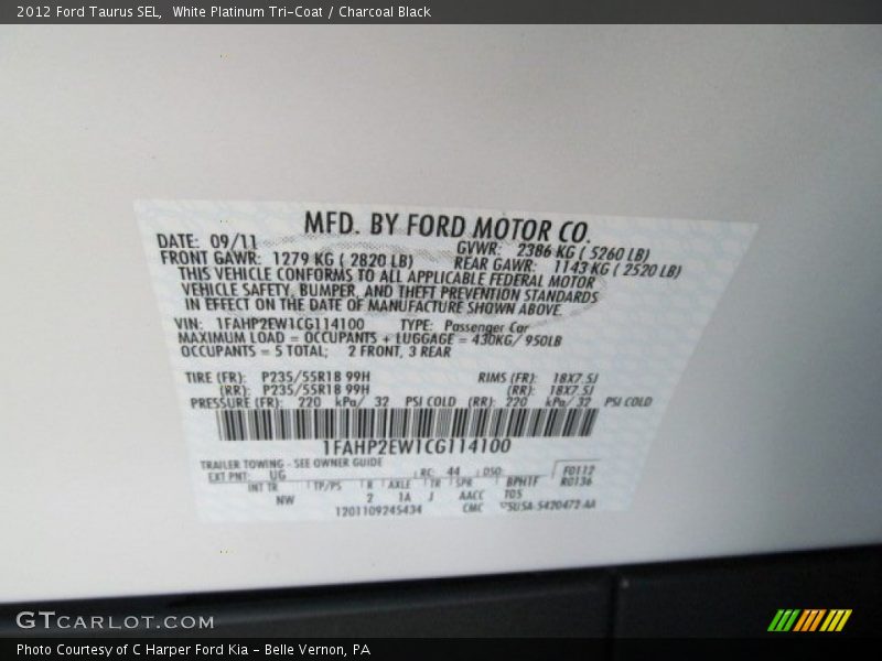 White Platinum Tri-Coat / Charcoal Black 2012 Ford Taurus SEL