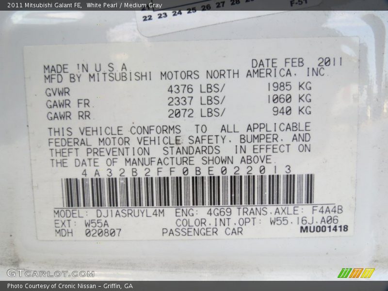 White Pearl / Medium Gray 2011 Mitsubishi Galant FE