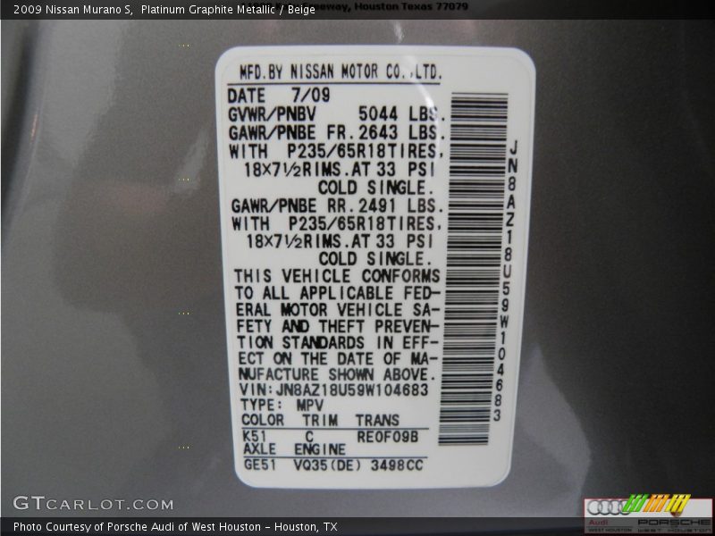 Platinum Graphite Metallic / Beige 2009 Nissan Murano S