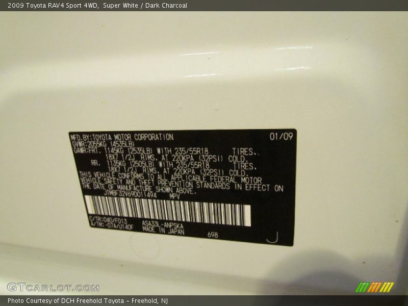 Super White / Dark Charcoal 2009 Toyota RAV4 Sport 4WD