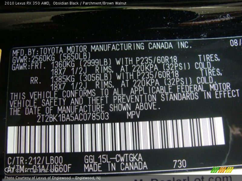 Obsidian Black / Parchment/Brown Walnut 2010 Lexus RX 350 AWD