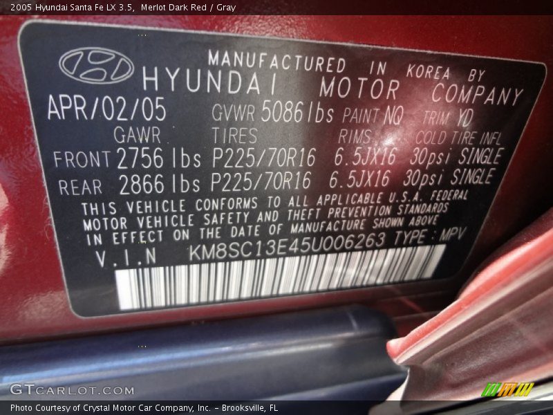 Merlot Dark Red / Gray 2005 Hyundai Santa Fe LX 3.5